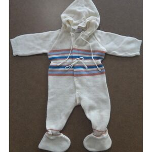 Little Set Vintage Knit Pram Suit 3-6M Infant Cream Striped Hooded Footed Romper